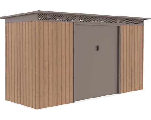 Moderný záhradný domček v drevenom dekore s plochou strechou, posuvnými dverami a vetracími otvormi pod okrajom strechy.