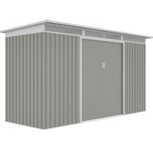 Šedý kovový záhradný domček s dvojitými posuvnými dverami, vetracou lištou a pultovou strechou z vlnitého plechu.