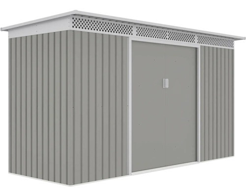 Šedý kovový záhradný domček s dvojitými posuvnými dverami, vetracou lištou a pultovou strechou z vlnitého plechu.