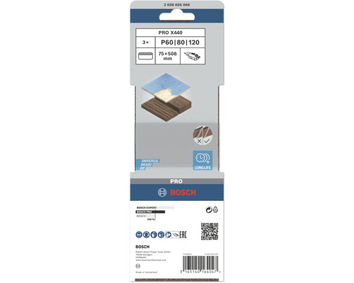 Brúsne pásy Bosch Pro X440, zrnitosť P60, P80 a P120, 75 x 508 milimetrov