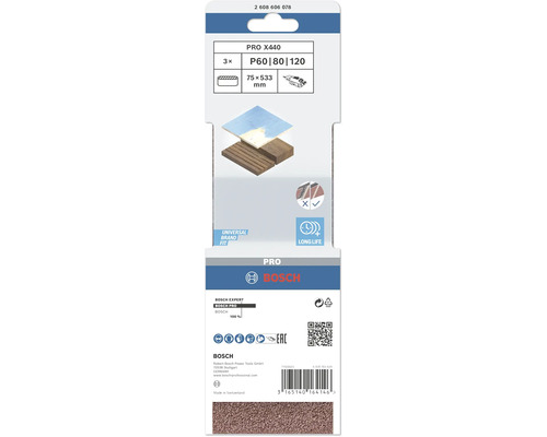 Sada brúsnych pásov Bosch PRO X440, zrnitosť P60, P80 a P120, rozmer 75 x 533 milimetrov