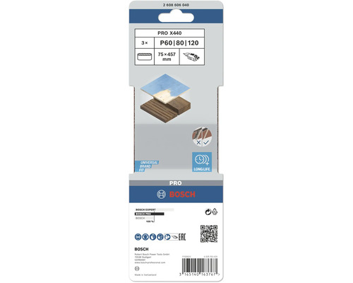 Sada brúsnych pásov Bosch PRO X440, zrnitosť P60, P80 a P120, rozmer 75 x 457 milimetrov