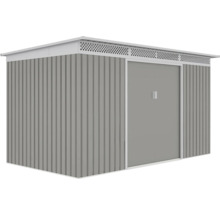 Kovový záhradný domček s plochou strechou, posuvnými dverami a vetracou lištou.