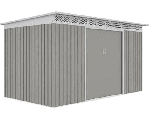 Kovový záhradný domček s plochou strechou, posuvnými dverami a vetracou lištou.