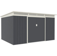 Moderný antracitový kovový záhradný domček s pultovou strechou, vetracou lištou a posuvnými dverami.