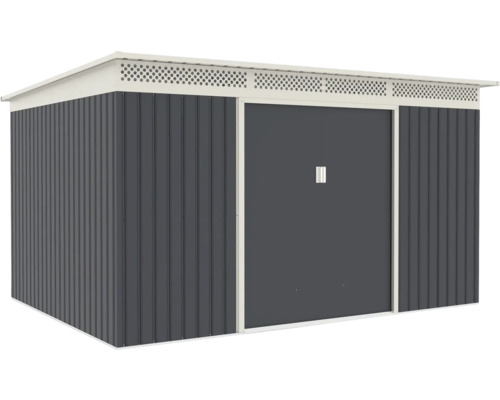 Moderný antracitový kovový záhradný domček s pultovou strechou, vetracou lištou a posuvnými dverami.