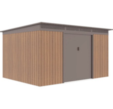 Moderný záhradný domček s pultovou strechou, stenami s dekorom dreva a sivými posuvnými dverami z kovu.