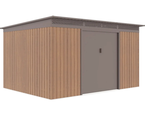 Moderný záhradný domček s pultovou strechou, stenami s dekorom dreva a sivými posuvnými dverami z kovu.