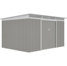 Kovový záhradný domček s pultovou strechou, vertikálnym profilovaním, posuvnými dverami a vetracími otvormi.