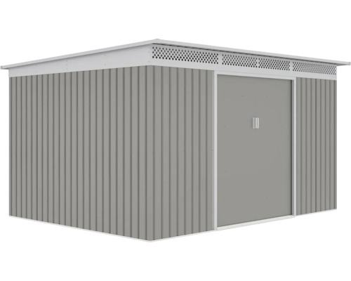 Kovový záhradný domček s pultovou strechou, vertikálnym profilovaním, posuvnými dverami a vetracími otvormi.