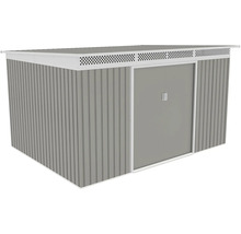 Šedý kovový záhradný domček s bielou pultovou strechou, posuvnými dverami a vetracími otvormi.