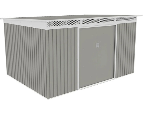 Šedý kovový záhradný domček s bielou pultovou strechou, posuvnými dverami a vetracími otvormi.