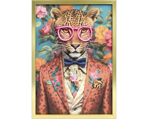 Zarámovaný obraz leoparda s okuliarmi, motýlikom a sakom na kvetinovom pozadí