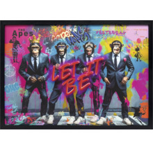 Zarámovaný nástenný obraz so štyrmi opicami v oblekoch na pozadí graffiti