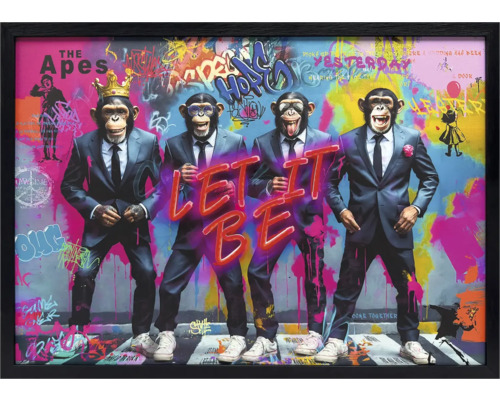 Zarámovaný nástenný obraz so štyrmi opicami v oblekoch na pozadí graffiti