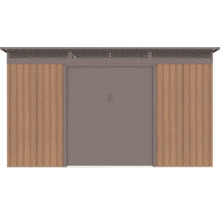 Kovový záhradný domček s dvojkrídlovými dverami, bočnými stenami vo vzhľade dreva a ventilačnou mriežkou.