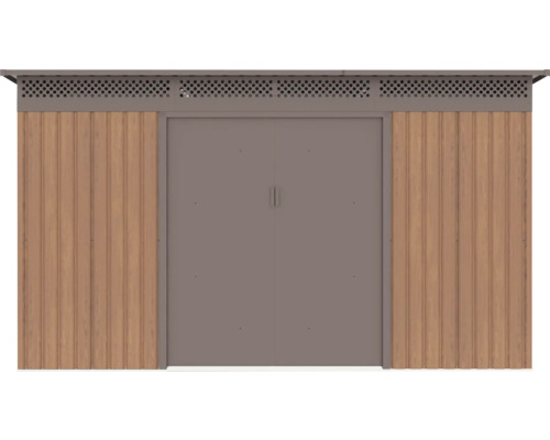 Kovový záhradný domček s dvojkrídlovými dverami, bočnými stenami vo vzhľade dreva a ventilačnou mriežkou.