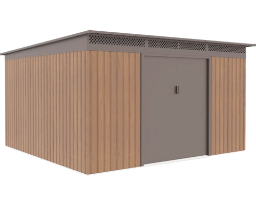 Moderný záhradný domček so stenami v dekore dreva, sivou plochou strechou a širokými dverami.