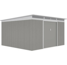 Šedý kovový záhradný domček s pultovou strechou, posuvnými dverami a vetracími otvormi.