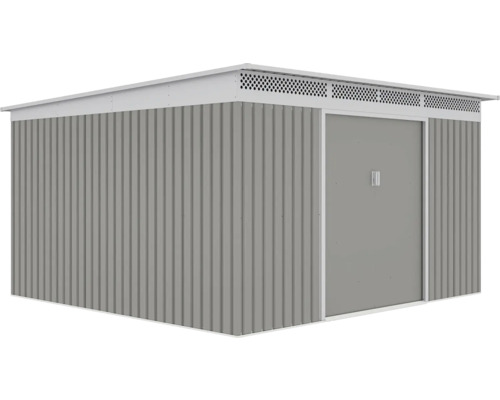 Šedý kovový záhradný domček s pultovou strechou, posuvnými dverami a vetracími otvormi.