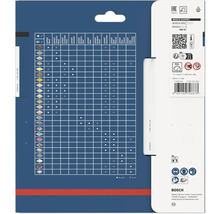 Zadná strana obalu Bosch s tabuľkou materiálov pre pílové kotúče, Bosch Logo, symbolmi pre recykláciu a bezpečnosť.