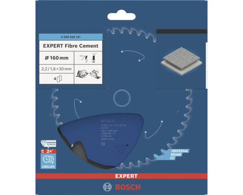 Pílový kotúč Bosch Expert Fibre Cement, priemer 160 milimetrov, otvor 20 milimetrov, 4 zuby, na vláknocement.