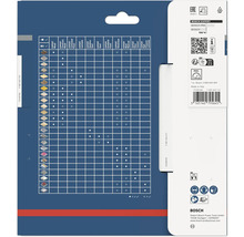 Zadná strana obalu pílového kotúča Bosch Expert s tabuľkou materiálov, bezpečnostnými symbolmi pre ochranné pomôcky a Bosch Logo.