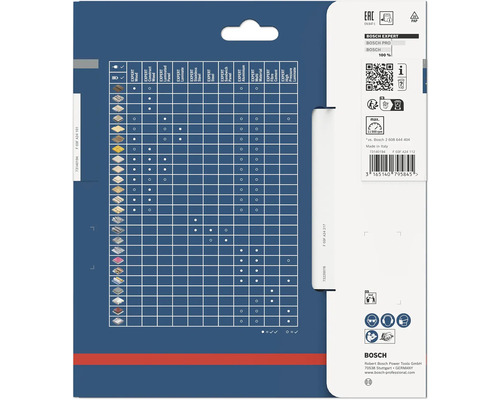 Zadná strana obalu pílového kotúča Bosch Expert s tabuľkou materiálov, bezpečnostnými symbolmi pre ochranné pomôcky a Bosch Logo.