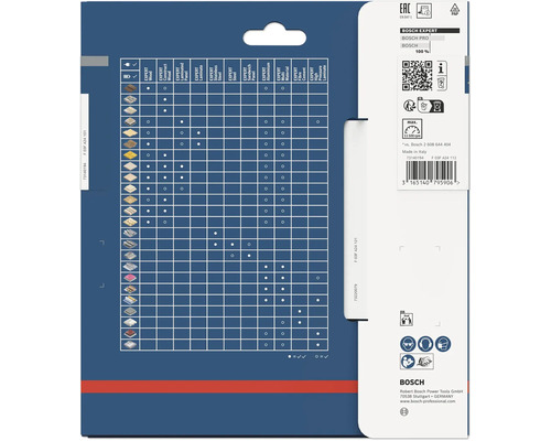Zadná strana obalu Bosch Expert s tabuľkou kompatibility materiálov, bezpečnostnými symbolmi a Bosch Logo.