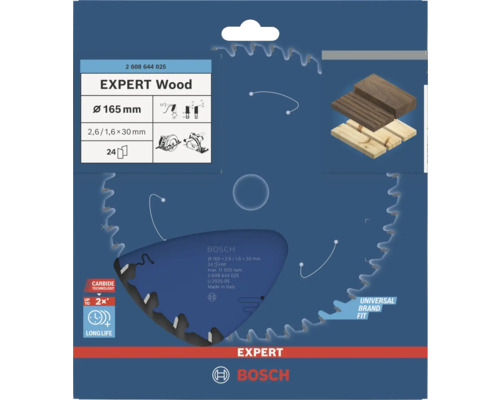 Pílový kotúč Bosch EXPERT Wood do okružných píl, priemer 165 milimetrov, 24 zubov, otvor 30 milimetrov, Carbide Technology, Bosch Logo.
