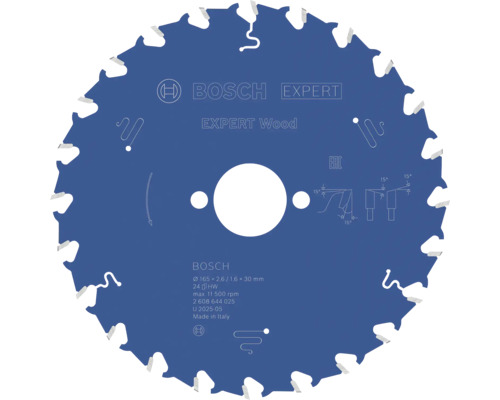 Modrý pílový kotúč Bosch Expert for Wood, priemer 165 milimetrov, otvor 30 milimetrov, 24 zubov.