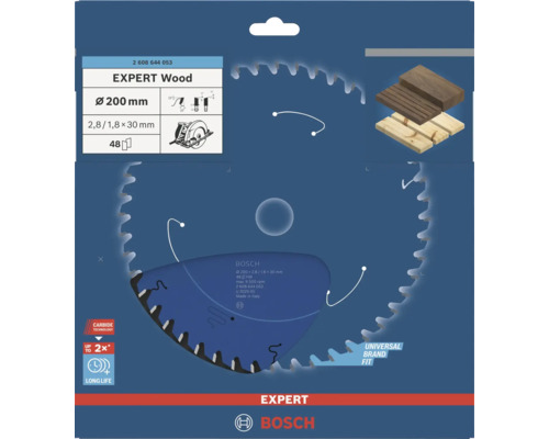 Pílový kotúč Bosch Expert Wood s priemerom 200 milimetrov, 48 zubami a technológiou Carbide pre dlhú životnosť pri práci s drevom.
