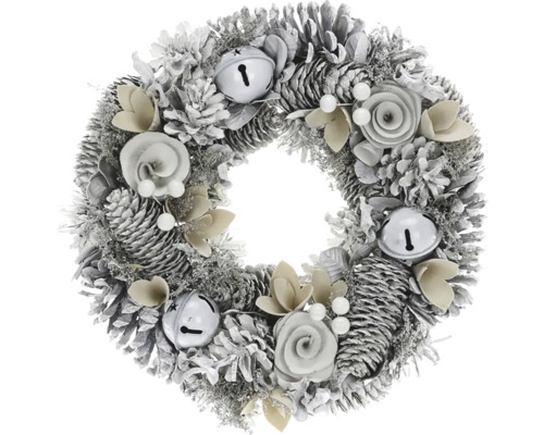 Dekoratívny adventný veniec so šiškami, kvetmi a zvončekmi