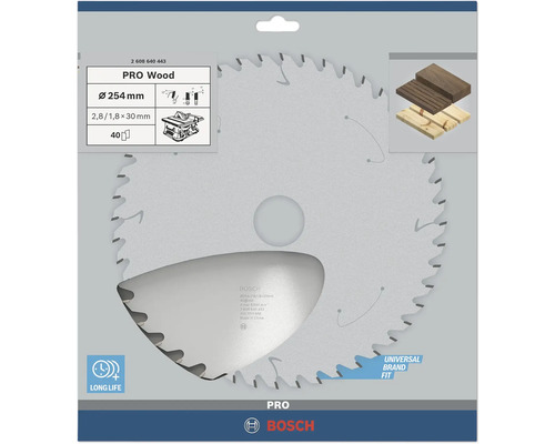 Pílový kotúč Bosch PRO Wood, priemer 254 milimetrov, 40 zubov, na drevo, Universal Brand Fit, dlhá životnosť, Bosch Logo.