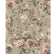 Tapeta s kvetinovým vzorom, zobrazujúca rôzne kvety ako ruže, dálie a tulipány v ružových a fialových tónoch na béžovom pozadí.