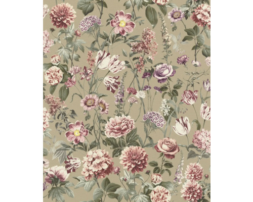 Tapeta s kvetinovým vzorom, zobrazujúca rôzne kvety ako ruže, dálie a tulipány v ružových a fialových tónoch na béžovom pozadí.