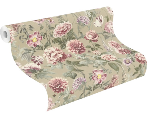 Vliesová tapeta s veľkým kvetinovým vzorom ruží a dahlianov vo vintage štýle.