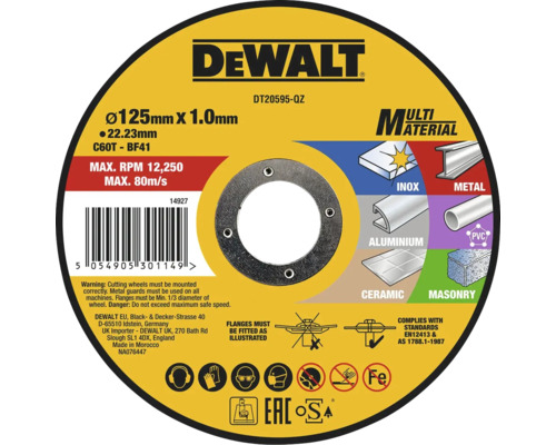 Rezný kotúč DeWalt, 125 mm x 1,0 mm, vhodný pre rôzne materiály ako kov, nehrdzavejúca oceľ, hliník, PVC, keramika a murivo