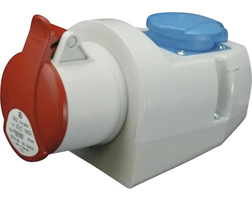 Nástenná zásuvka ČSN IP44 5x16 A Priemyselná zásuvka s červeným výklopným vekom a modrým spínačom