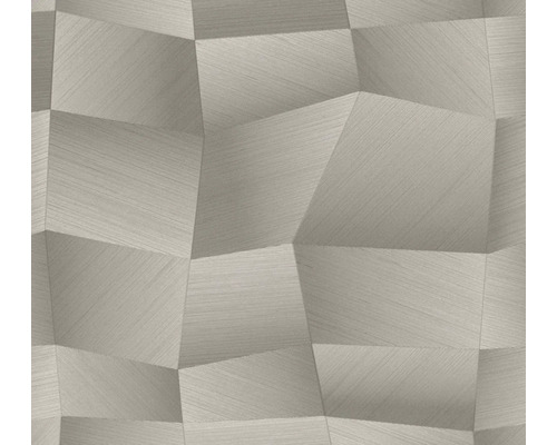 Sivá vliesová tapeta s geometrickým trojrozmerným vzorom nepravidelných mnohouholníkov a jemnou líniovou štruktúrou.