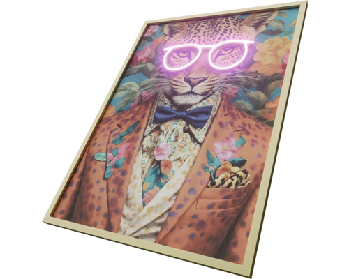 Zarámovaný obraz leoparda s okuliarmi, motýlikom a sakom