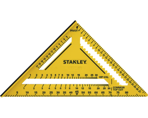 Zlty tesarsky uholnik Stanley so stupnicami na meranie uhlov a stresne konstrukcie.