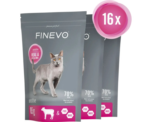 Tri balenia krmiva pre mačky Finevo s teľacím mäsom a prísadami, 16 kusov