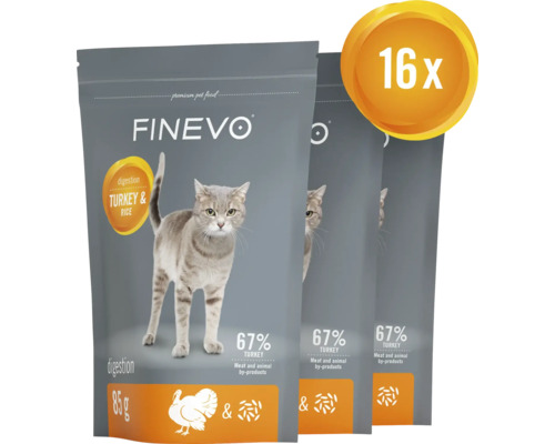 Tri balenia krmiva pre mačky Finevo s morčacím mäsom a ryžou, 16 kusov