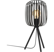 Čierna stolná lampa s tienidlom v tvare klietky a statívovou základňou