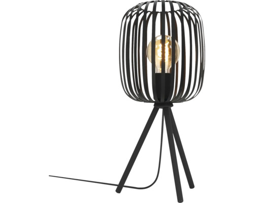 Čierna stolná lampa s tienidlom v tvare klietky a statívovou základňou