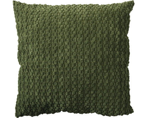 Štvorcový dekoratívny vankúš v tmavozelenej farbe so štruktúrovaným nopkovým povrchom.