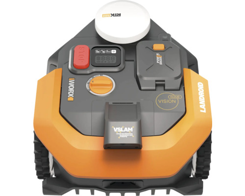 Robotická kosačka Worx Landroid s ovládacím panelom, tlačidlom zastavenia, akumulátorom a technológiou VSLAM