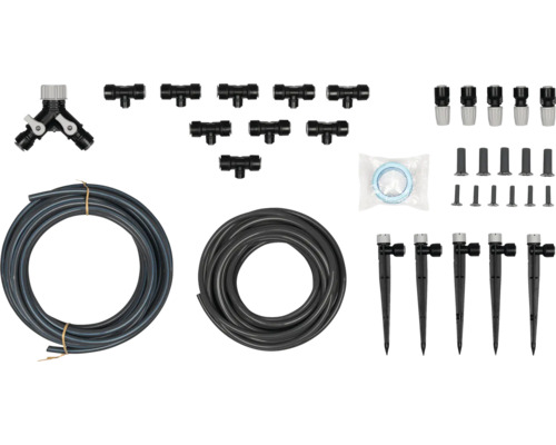 Záhradná zavlažovacia súprava s hadicou, spojkami a kvapkovačmi na zavlažovanie záhrady
