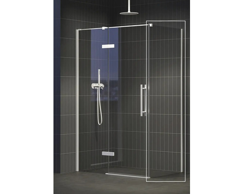 Rohová sprcha s otočnými dverami a sprchovou armatúrou na tmavom pozadí